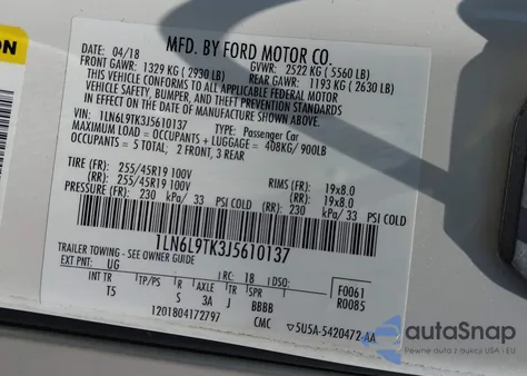 2018 Lincoln Continental Select z USA, uszkodzony, nr VIN 1LN6L9TK3J5610137